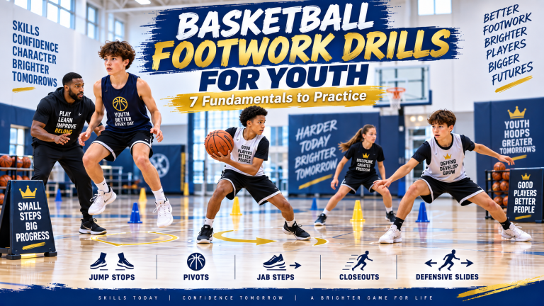 Youth basketball players practicing footwork drills including jump stops, pivots, jab steps, closeouts, and defensive slides