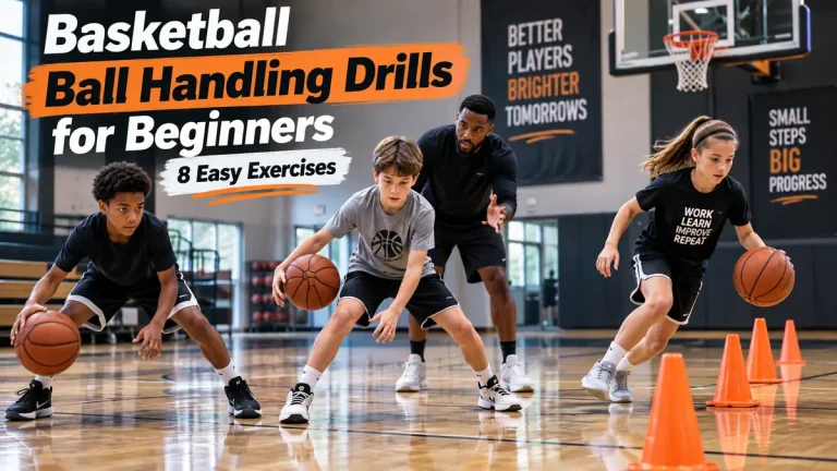 Youth basketball players practicing ball handling drills for beginners
