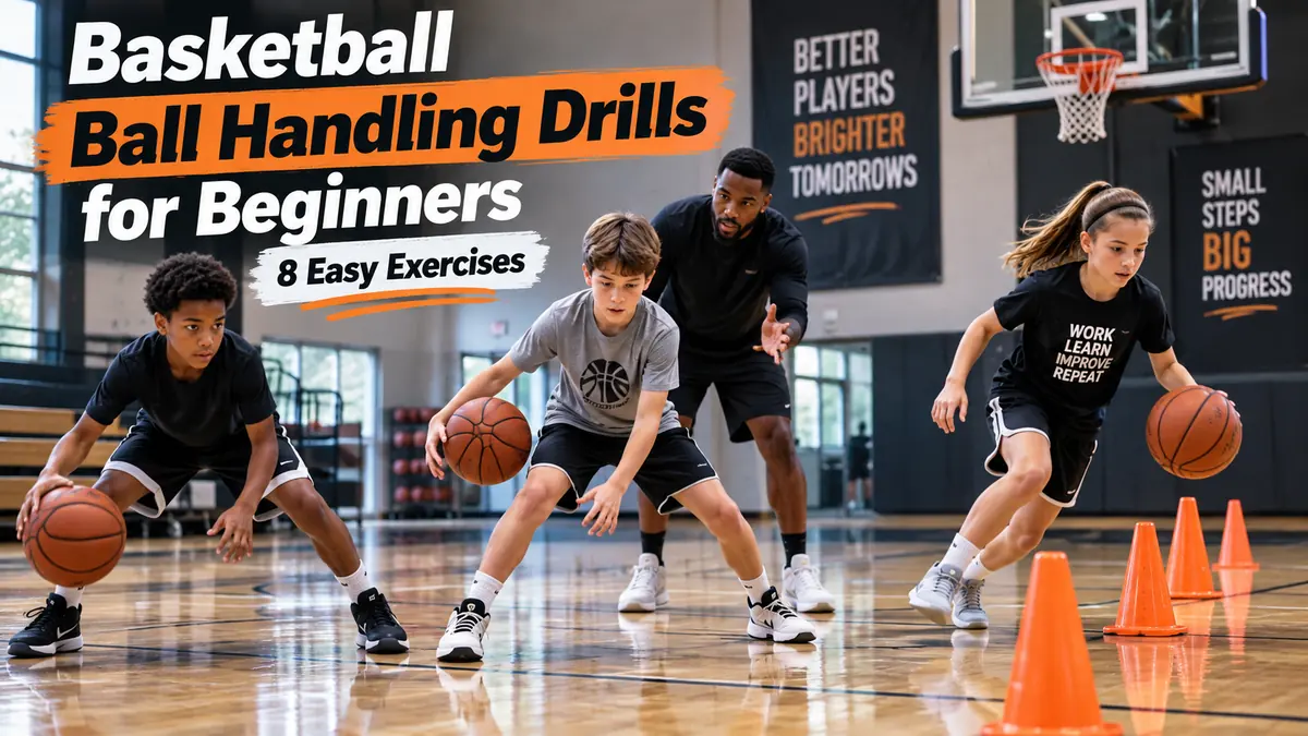 Youth basketball players practicing ball handling drills for beginners