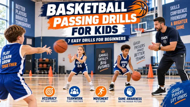Kids practicing basketball passing drills to improve accuracy, teamwork, movement, and game awareness