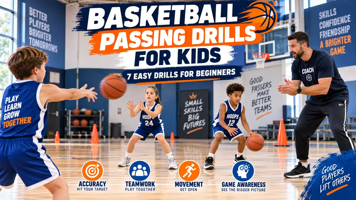 Kids practicing basketball passing drills to improve accuracy, teamwork, movement, and game awareness