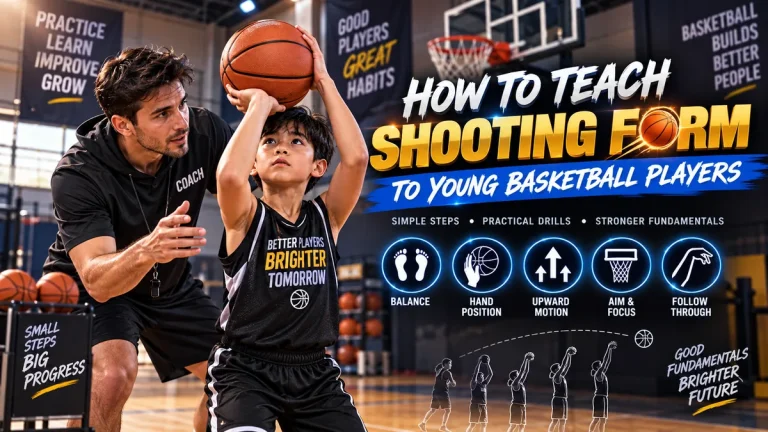Young basketball player learning proper shooting form with a coach