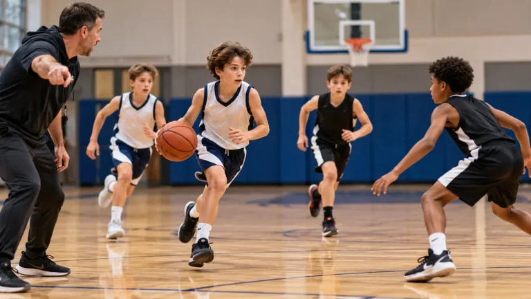 Youth basketball players practicing transition offense during a fast break drill