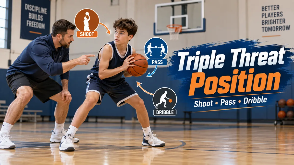 Youth basketball player practicing the triple threat position with a coach, showing shoot, pass, and dribble options.
