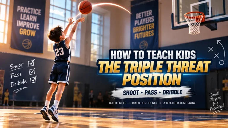 Young basketball player shooting a three-pointer during triple threat training