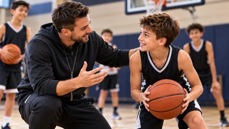 Youth basketball coach helping a young player build confidence during practice