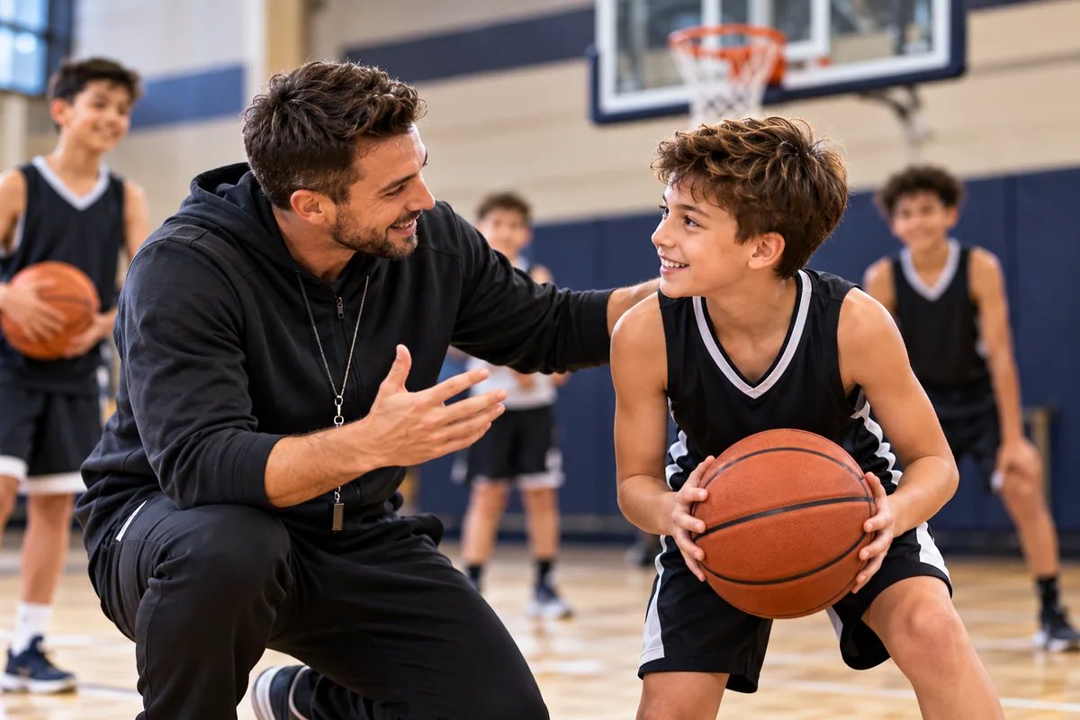 Youth basketball coach helping a young player build confidence during practice