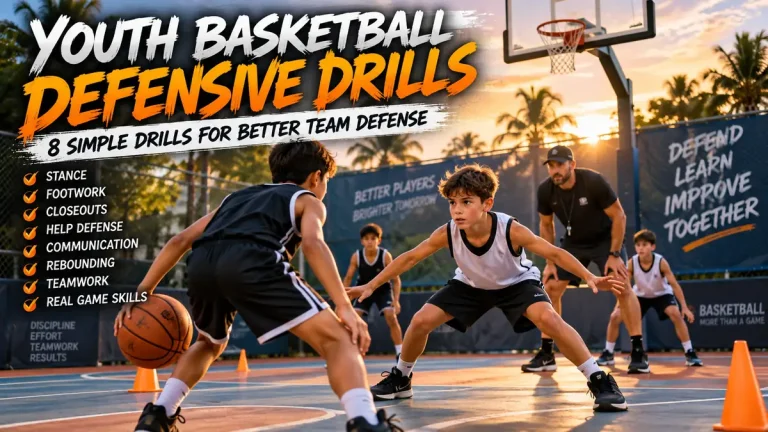 Youth basketball players practicing defensive drills including stance, footwork, closeouts, help defense, communication, and rebounding