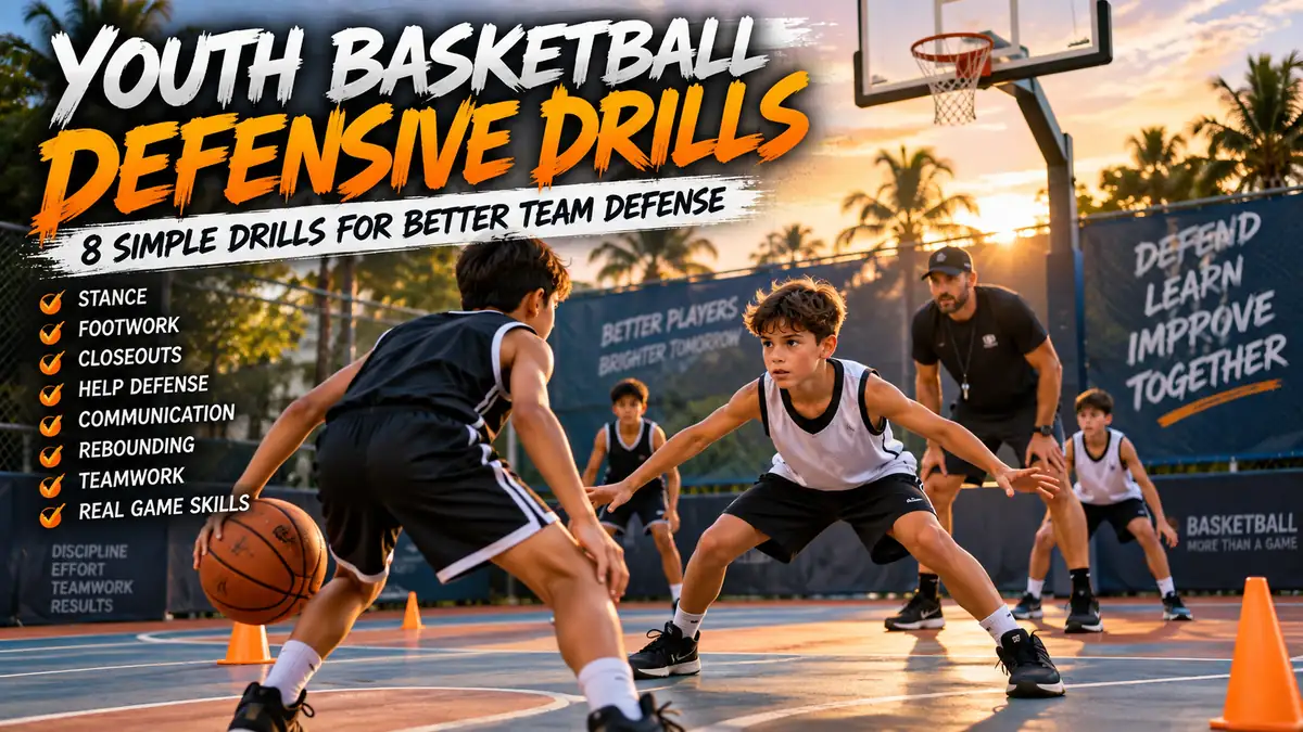 Youth basketball players practicing defensive drills including stance, footwork, closeouts, help defense, communication, and rebounding