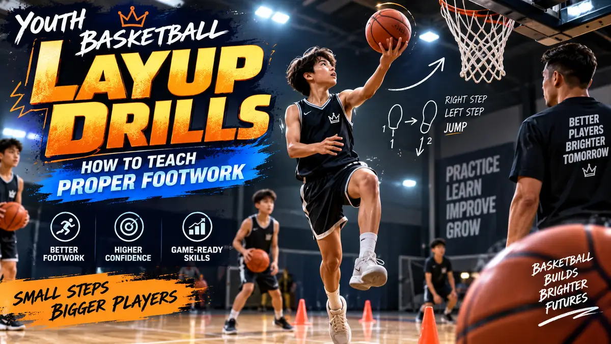 Youth basketball player practicing a layup drill with proper footwork during training
