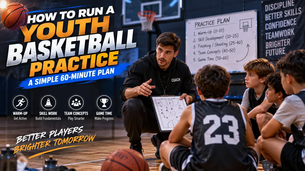 Youth basketball practice plan with coach explaining drills to young players