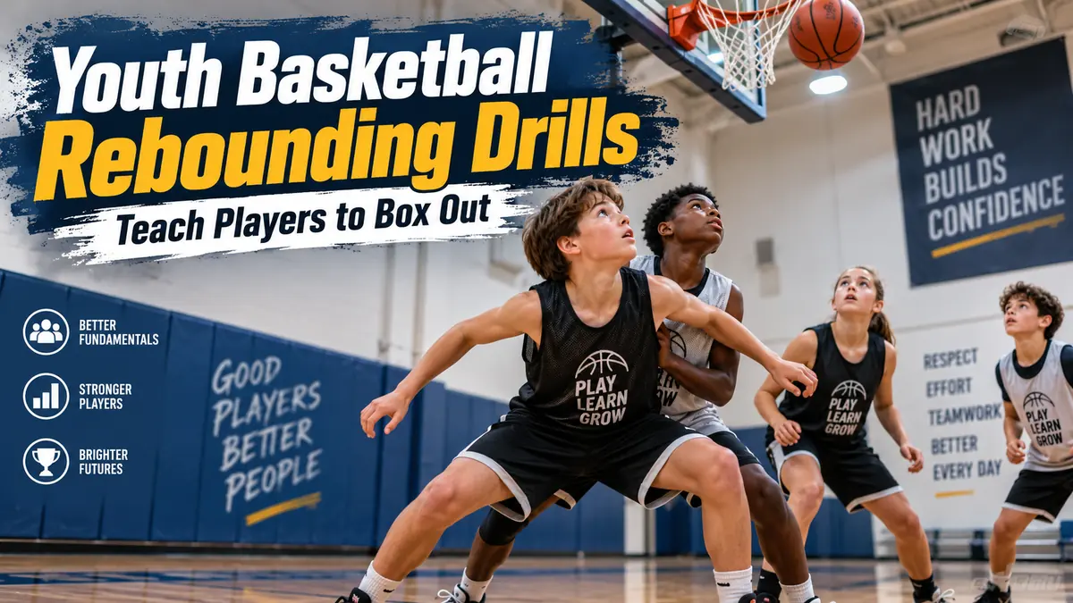 Young basketball players practicing rebounding and box-out drills during youth basketball training