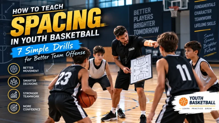 Youth basketball spacing drills with a coach teaching young players team offense