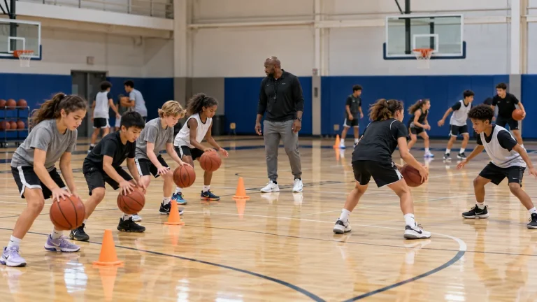 Youth basketball players of different skill levels practicing together