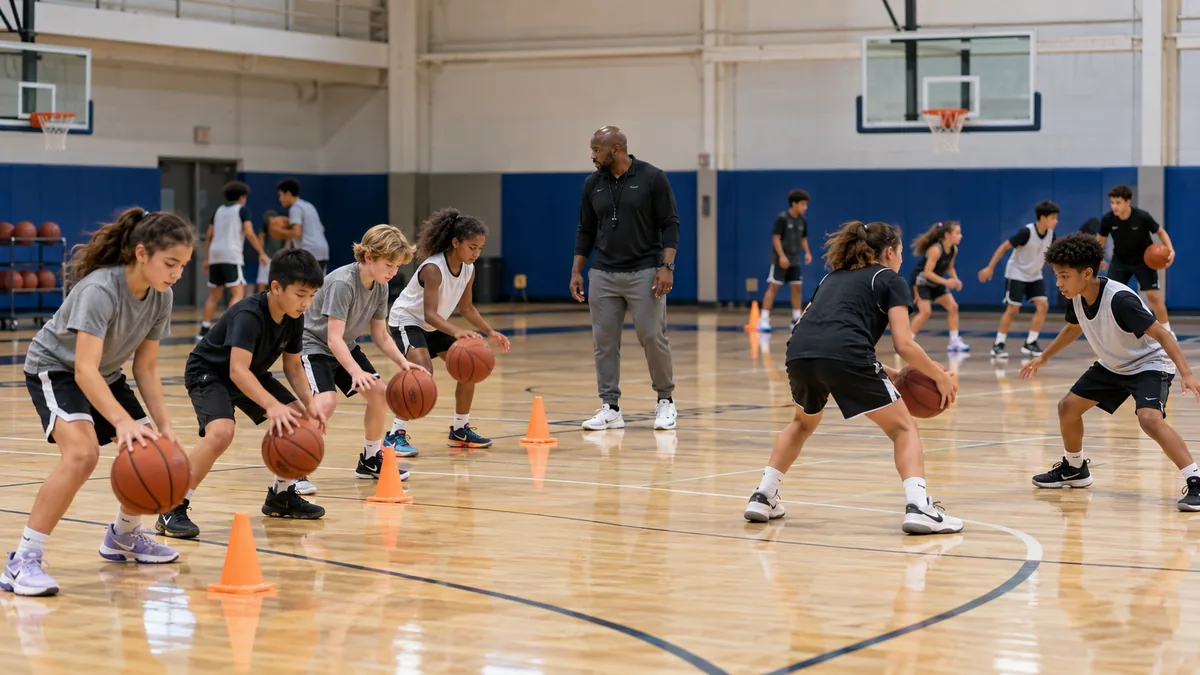 Youth basketball players of different skill levels practicing together