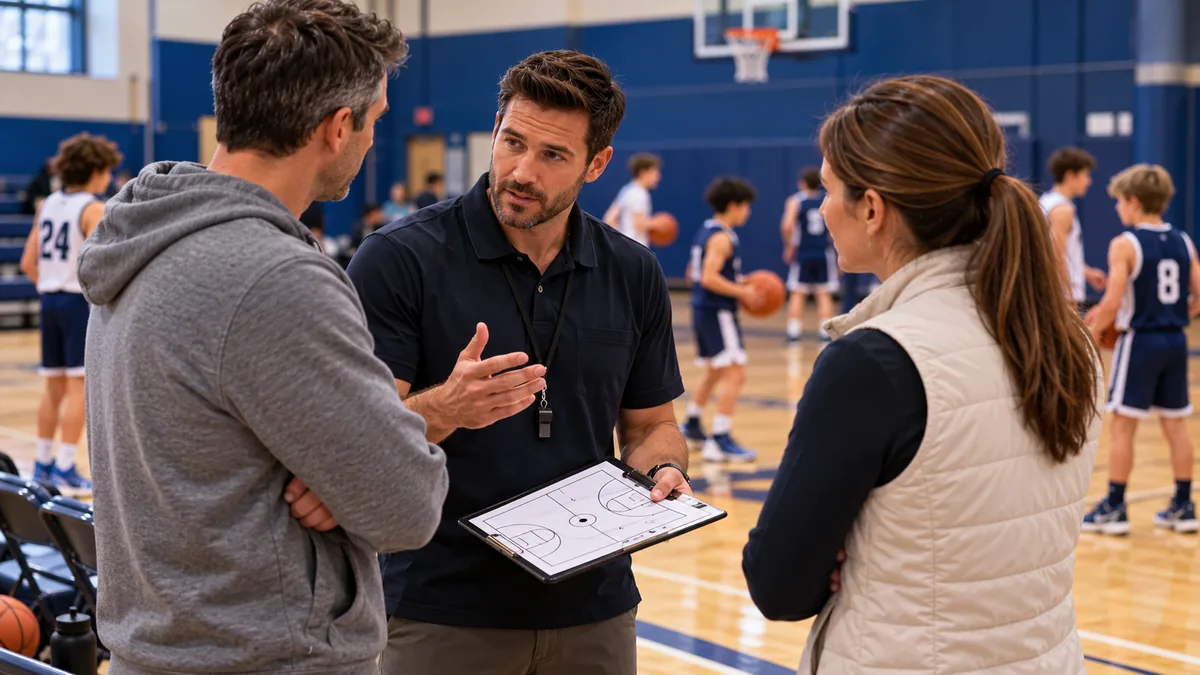 Youth basketball coach communicating with parents after practice
