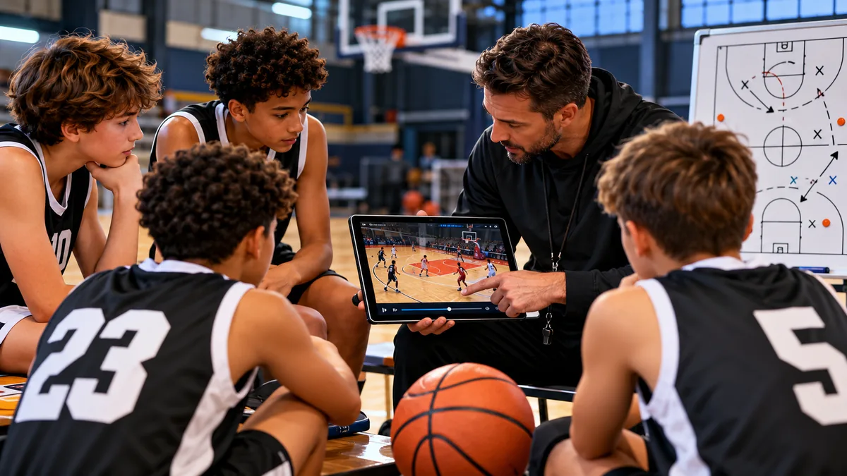 Youth basketball coach reviewing game film with young players