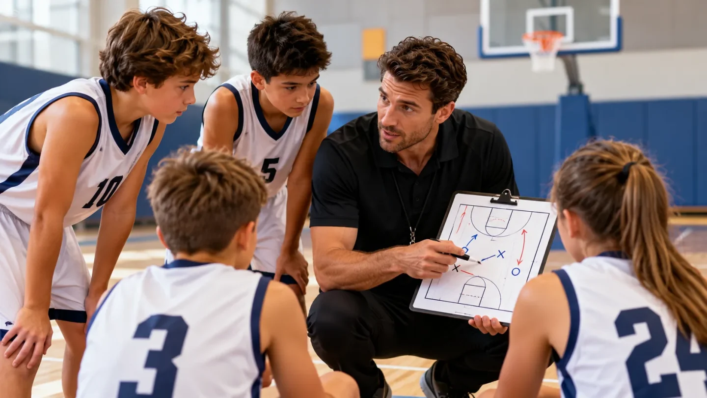 Youth basketball coach explaining inbound plays to young players during basketball practice