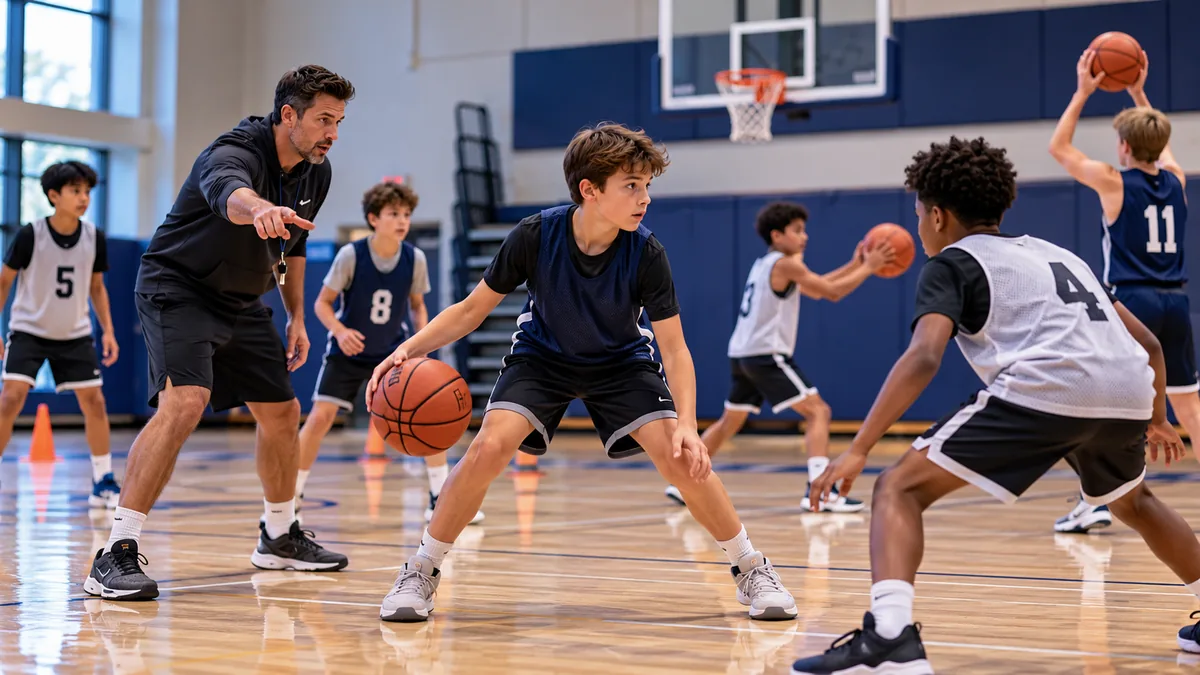 Youth basketball players learning different positions and roles during practice