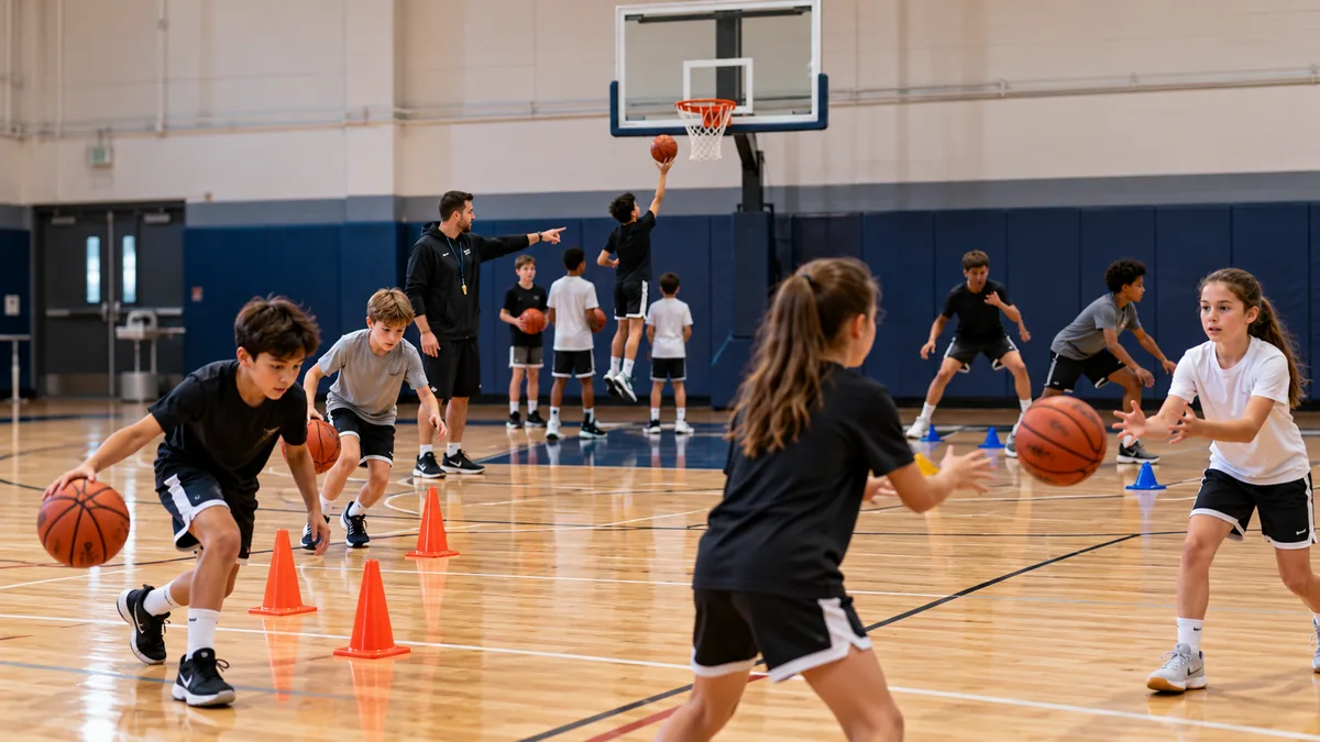 Youth basketball players training in stations during a one-hoop practice