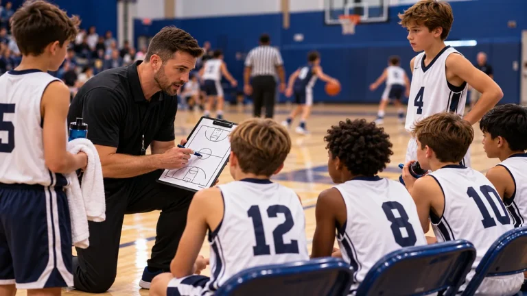 Youth basketball coach managing player rotations during a game