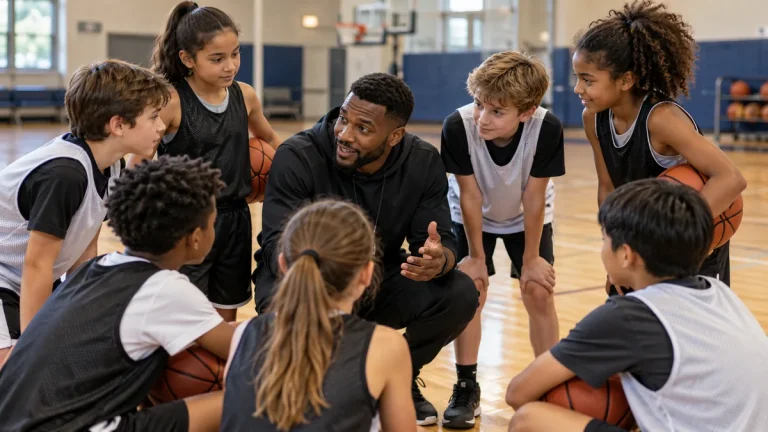 Youth basketball team building a positive team culture with their coach