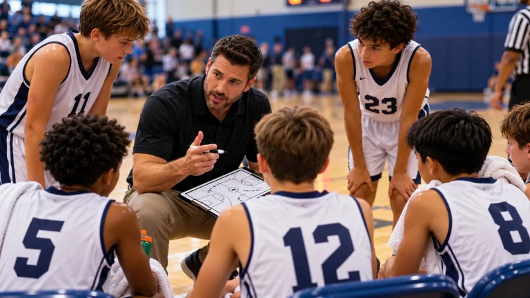 Youth basketball coach talking to players during a timeout