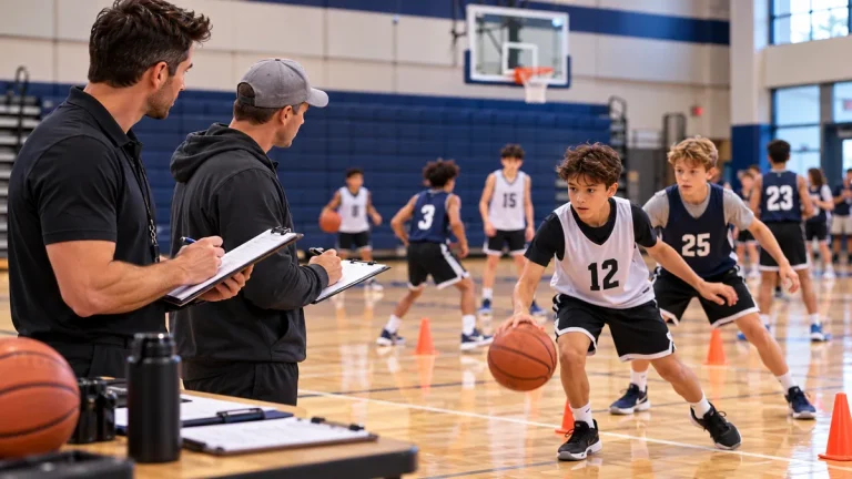 Youth basketball players being evaluated by coaches during tryouts